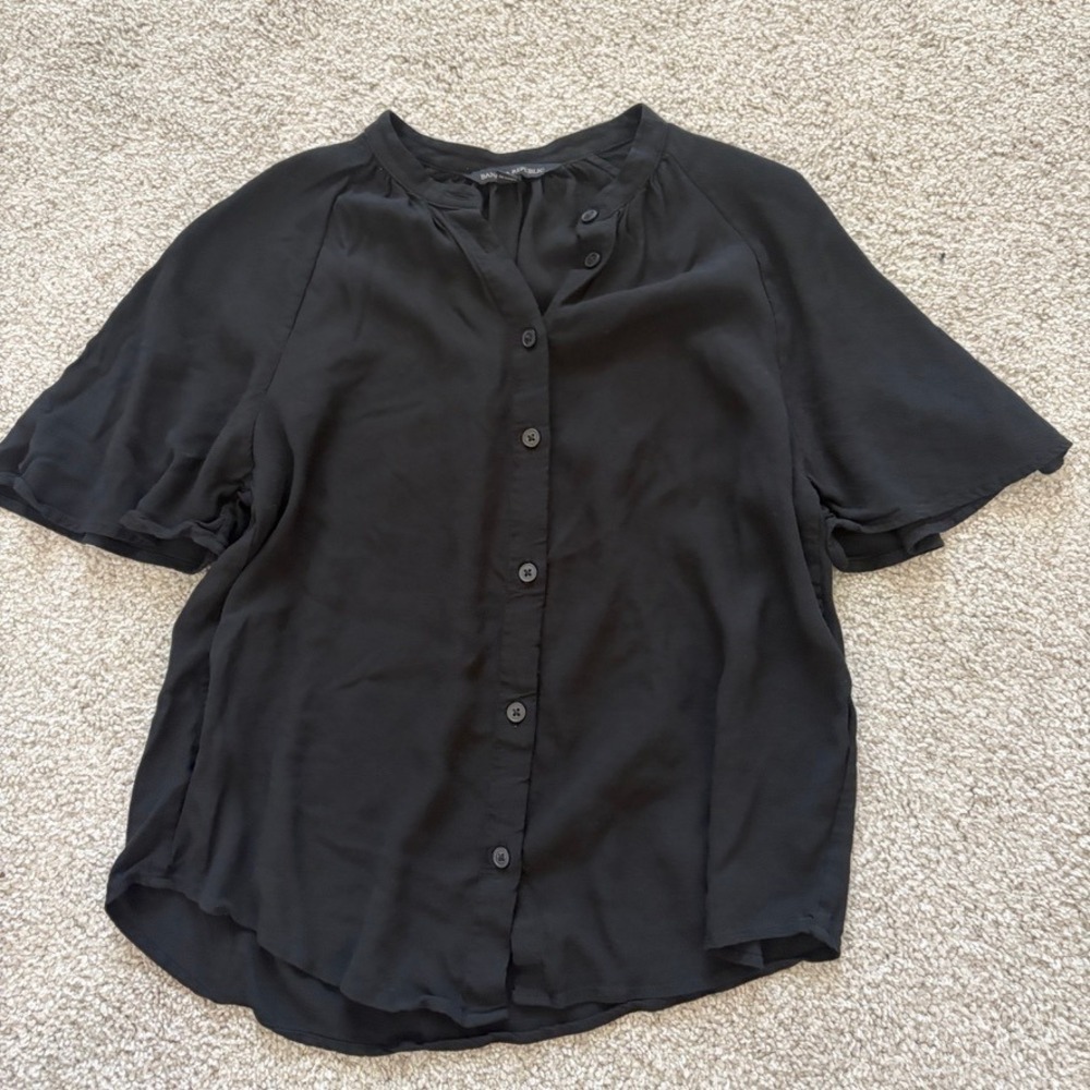 Banana Republic Blouse Womens XS Black Button Up Flounce Sleeve Office Casual